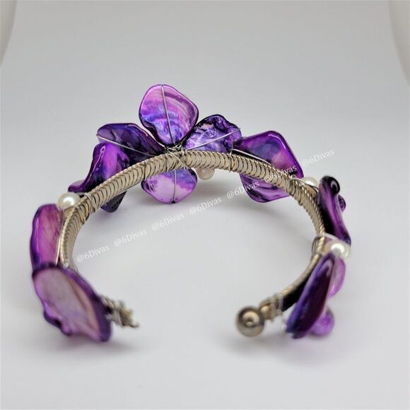 PURPLE Sea Shells and Pearls Floral Cuff Bracelet - Adjustable - Picture 9 of 9